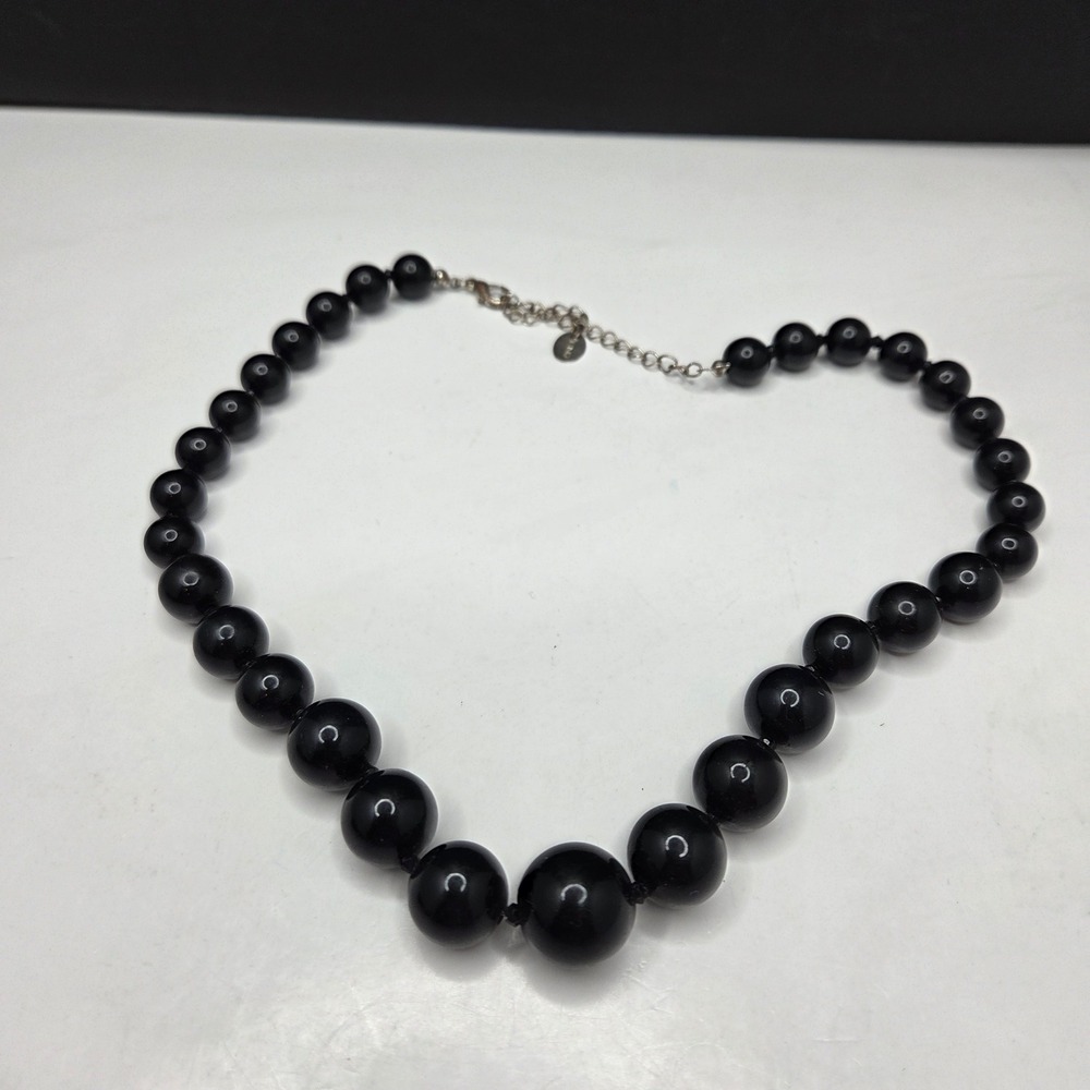 Icing Necklace Graduated Black Bead Statement 19.5" Silver Tone Adjustable Clasp